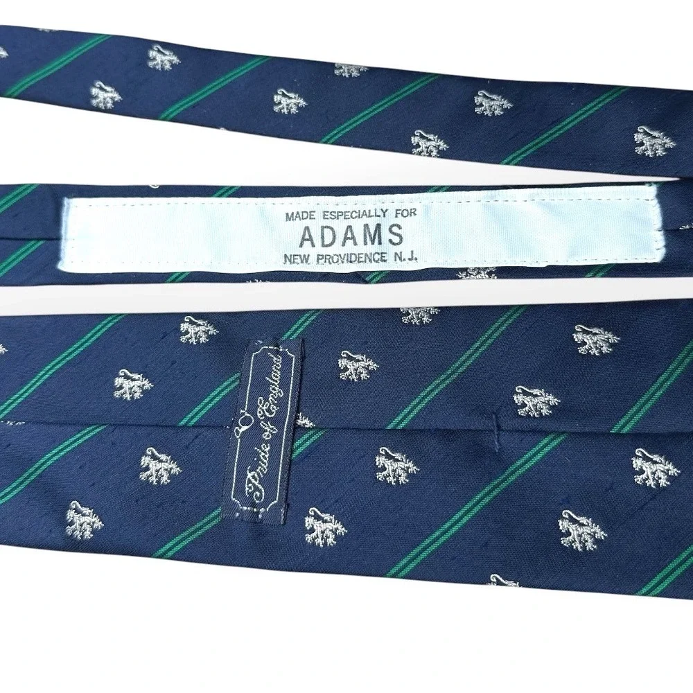 Briar Pride of England Navy Blue Rampant Lion Crest Green Stripe Silk Necktie